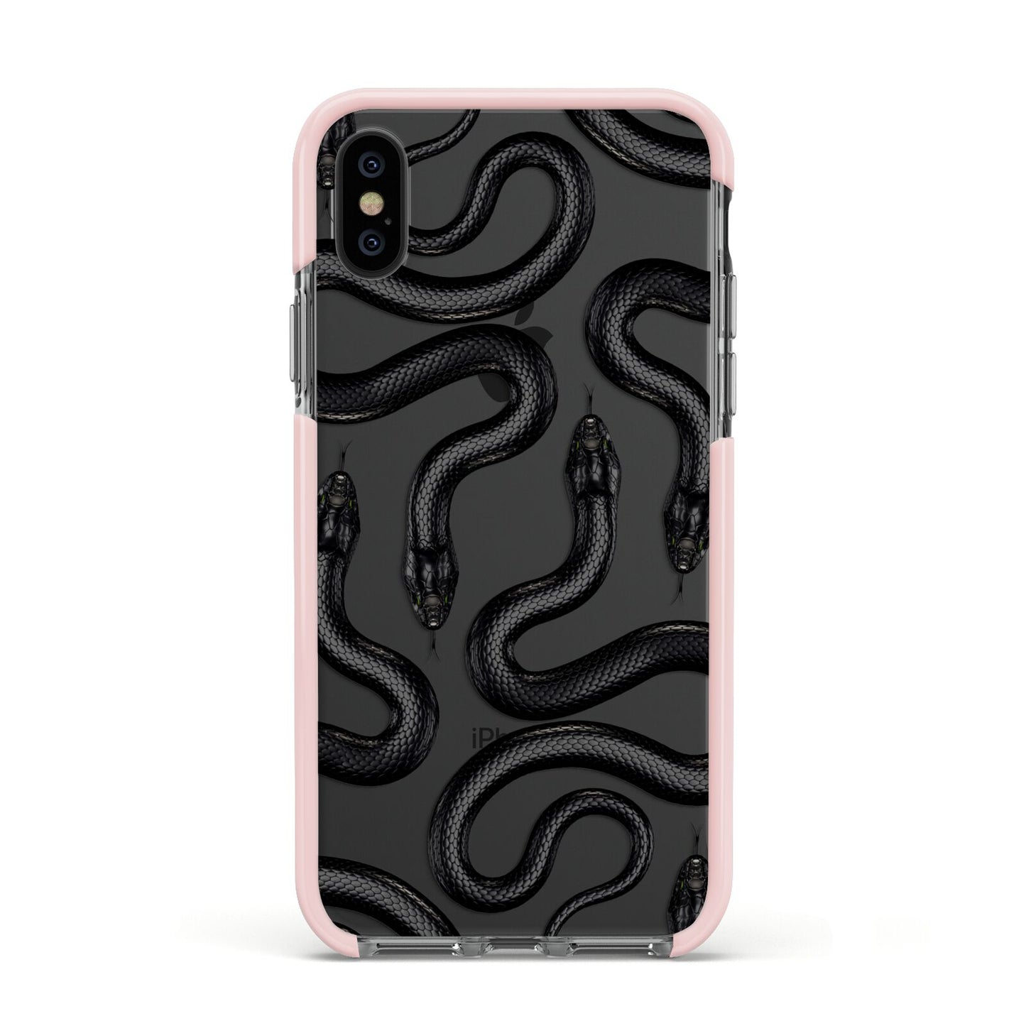 Snake Pattern Apple iPhone Xs Impact Case Pink Edge on Black Phone