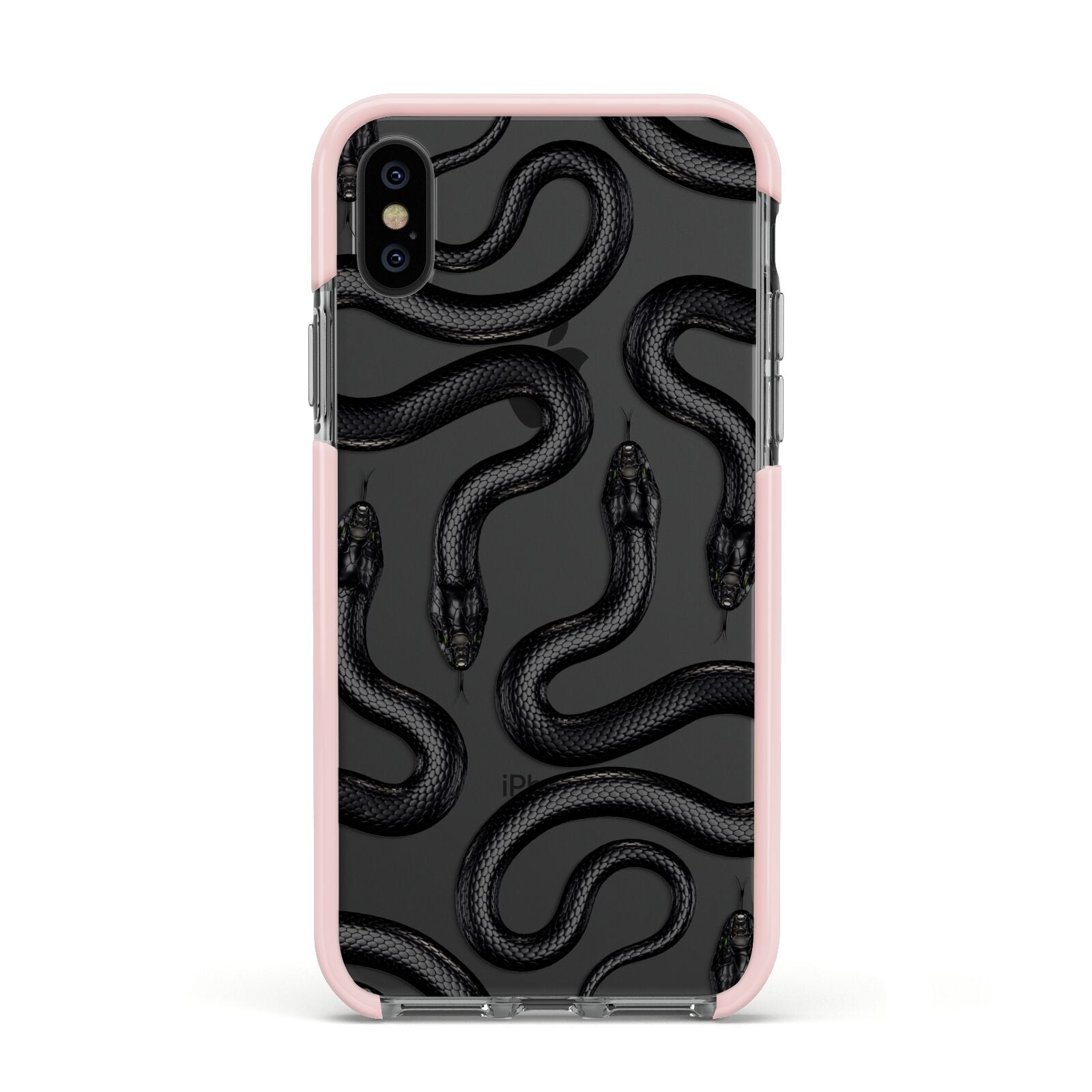 Snake Pattern Apple iPhone Xs Impact Case Pink Edge on Black Phone