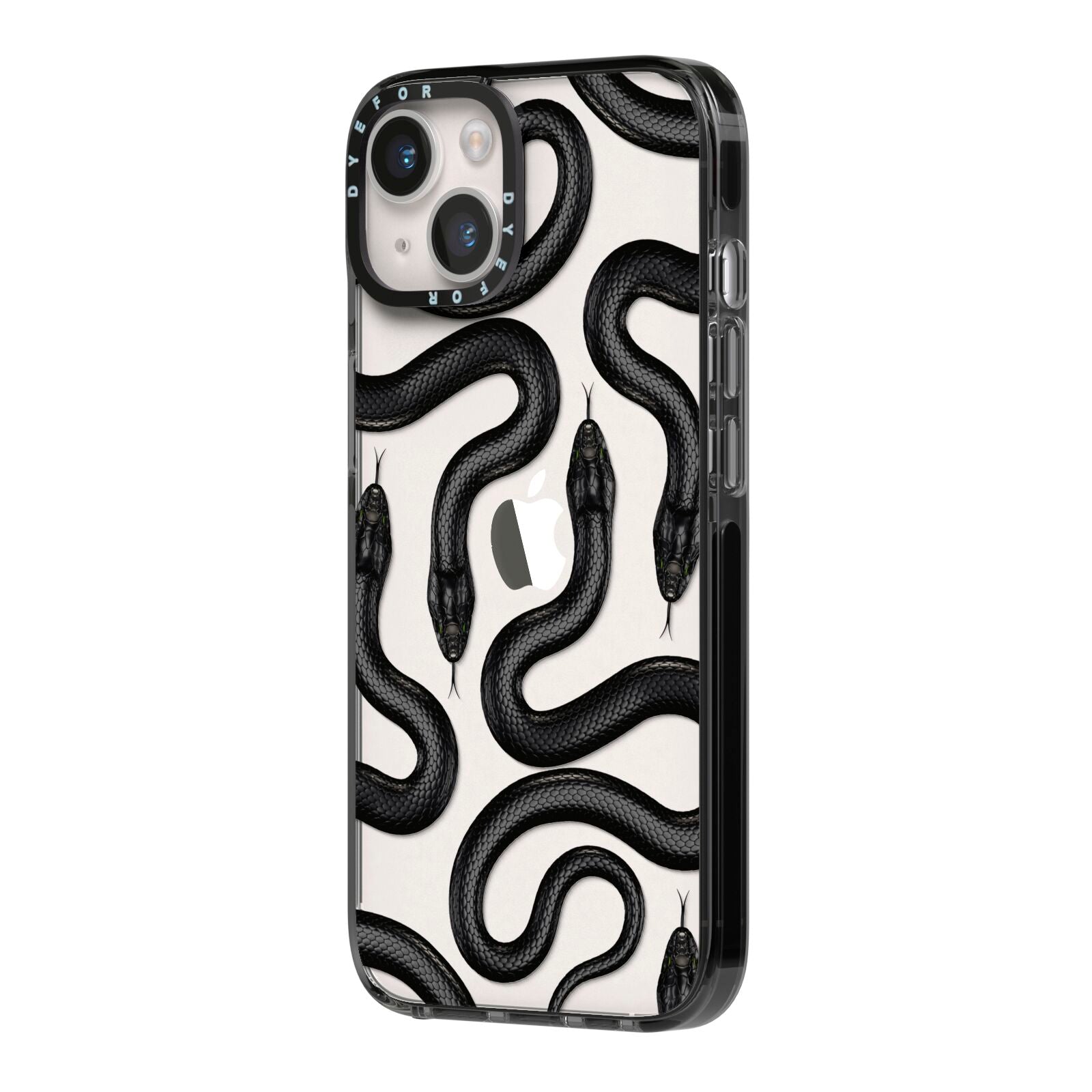 Snake Pattern iPhone 14 Black Impact Case Side Angle on Silver phone