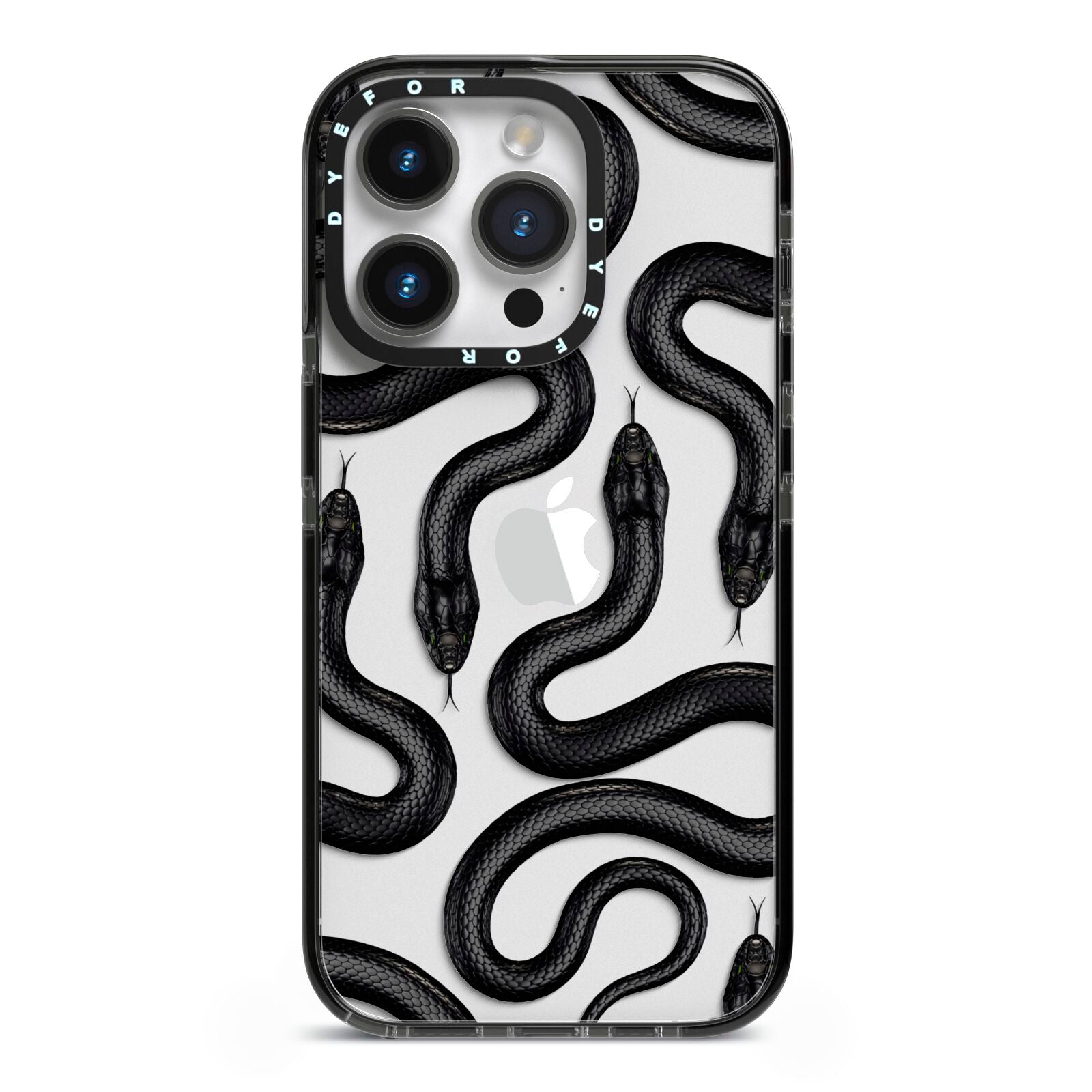 Snake Pattern iPhone 14 Pro Black Impact Case on Silver phone