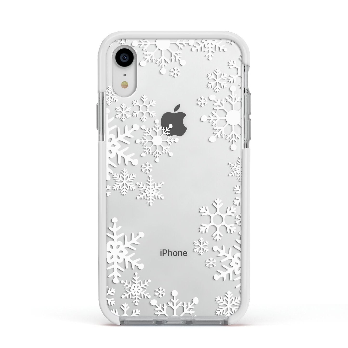 Snowflake Apple iPhone XR Impact Case White Edge on Silver Phone