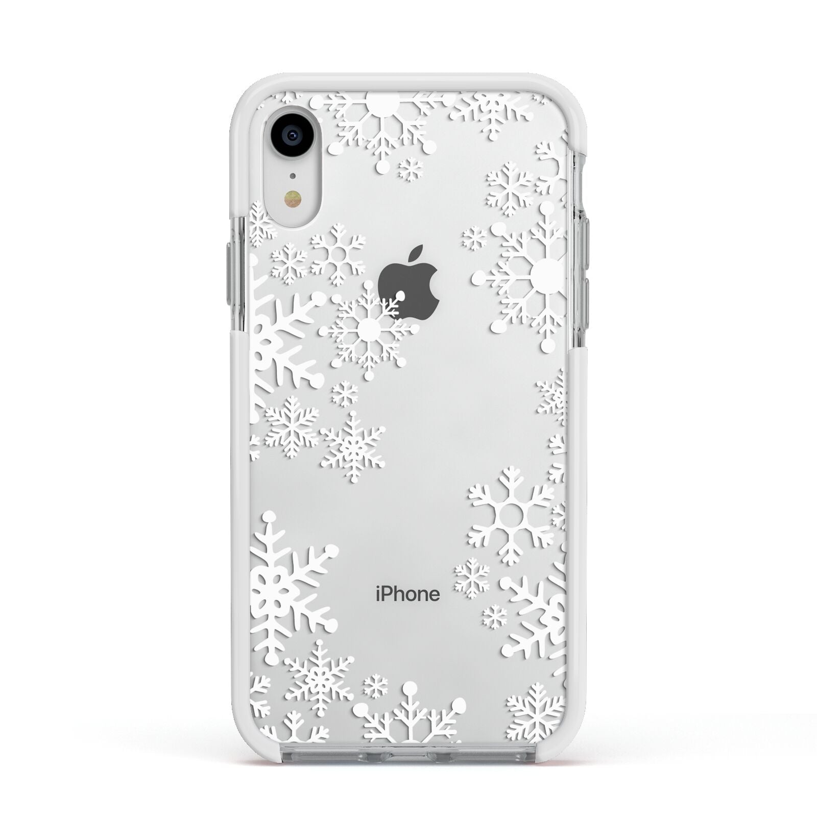Snowflake Apple iPhone XR Impact Case White Edge on Silver Phone
