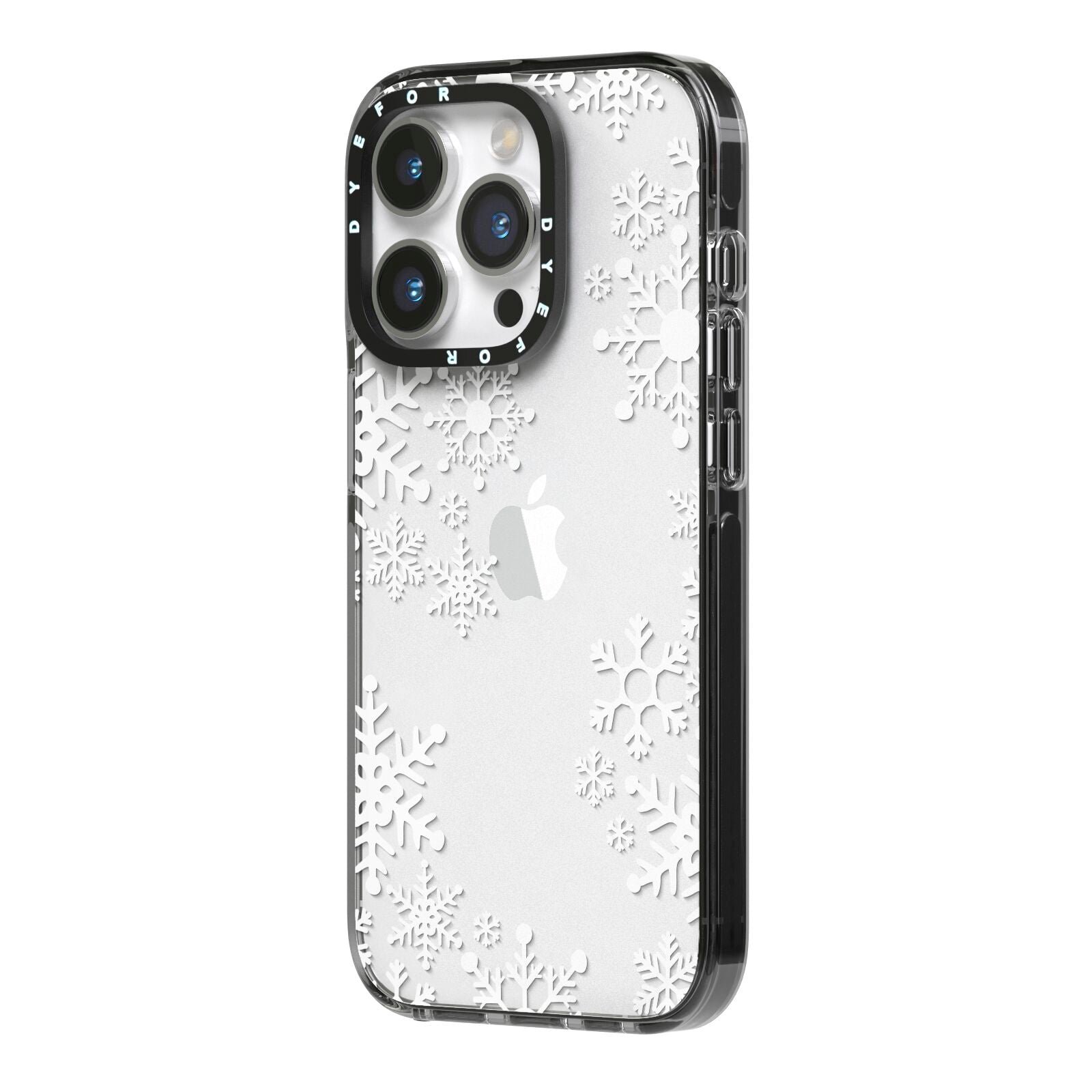 Snowflake iPhone 14 Pro Black Impact Case Side Angle on Silver phone