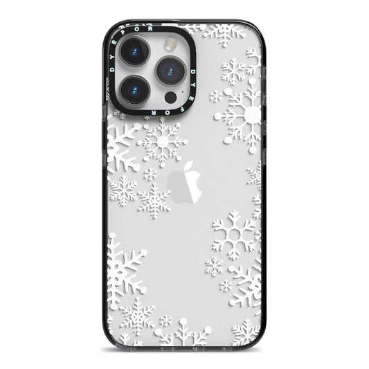 Snowflake iPhone 14 Pro Max Black Impact Case on Silver phone