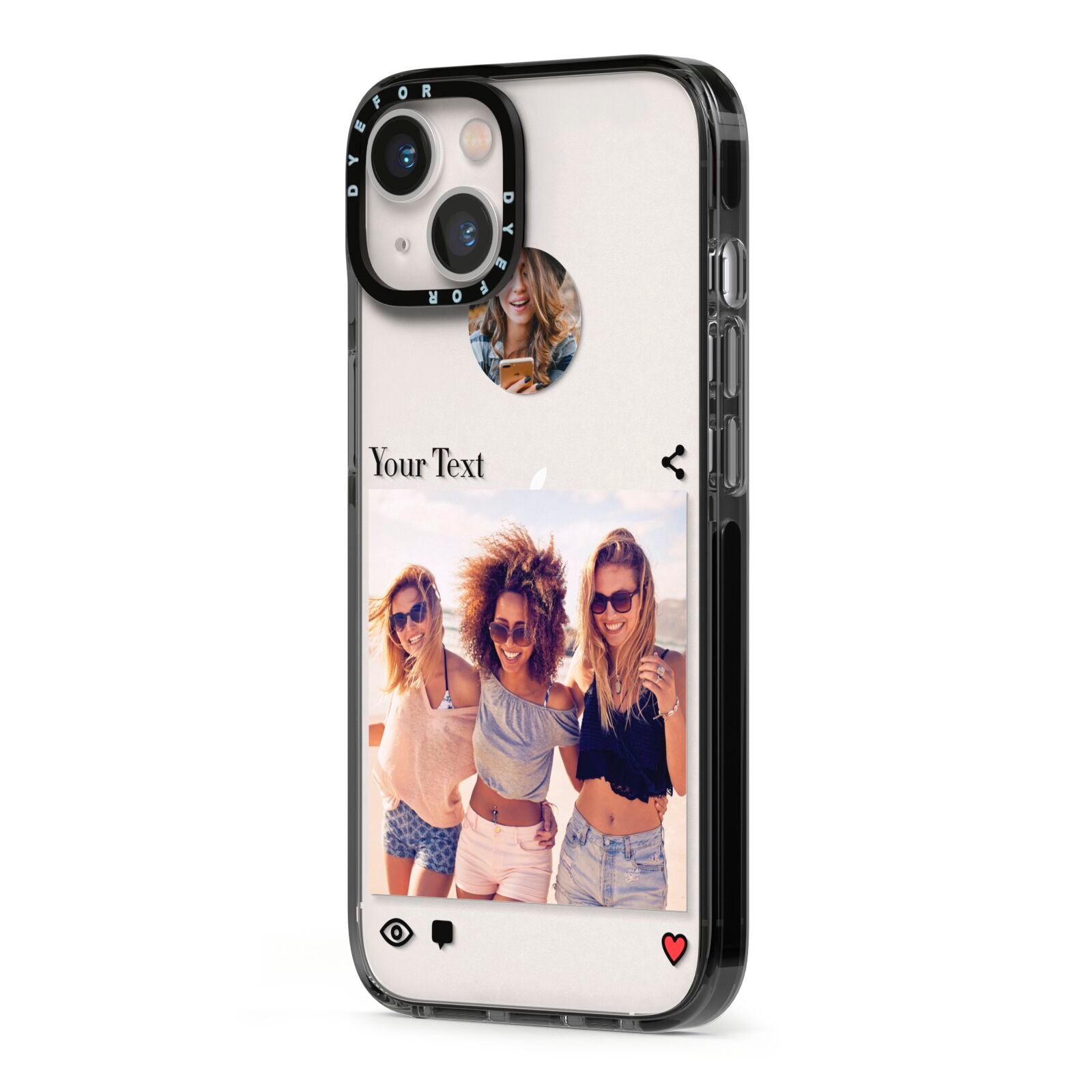 Social Media Photo iPhone 13 Black Impact Case Side Angle on Silver phone