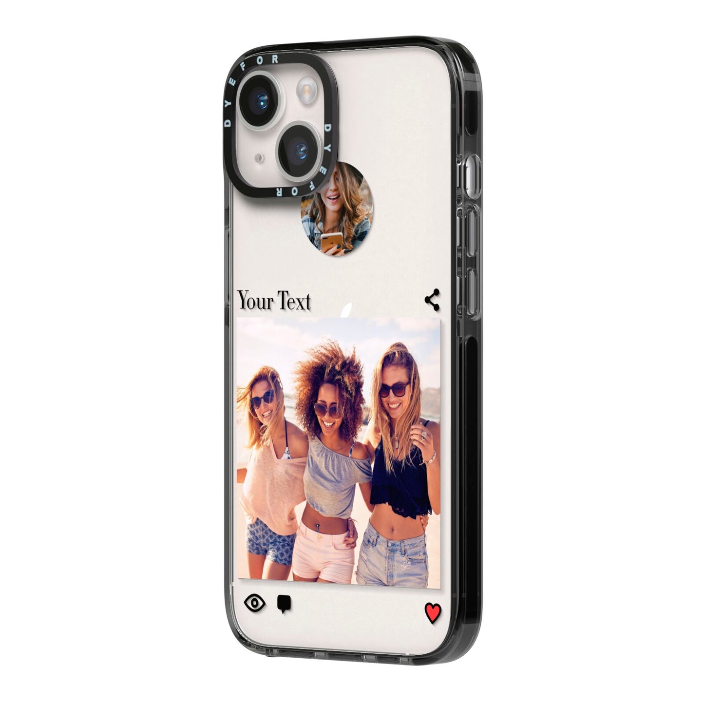 Social Media Photo iPhone 14 Black Impact Case Side Angle on Silver phone