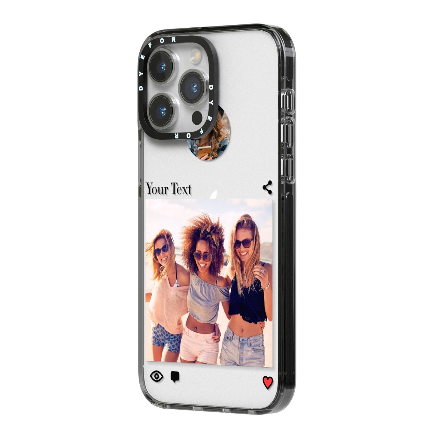Social Media Photo iPhone 14 Pro Max Black Impact Case Side Angle on Silver phone