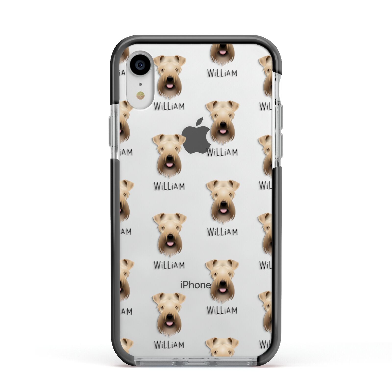 Soft Coated Wheaten Terrier Icon with Name Apple iPhone XR Impact Case Black Edge on Silver Phone