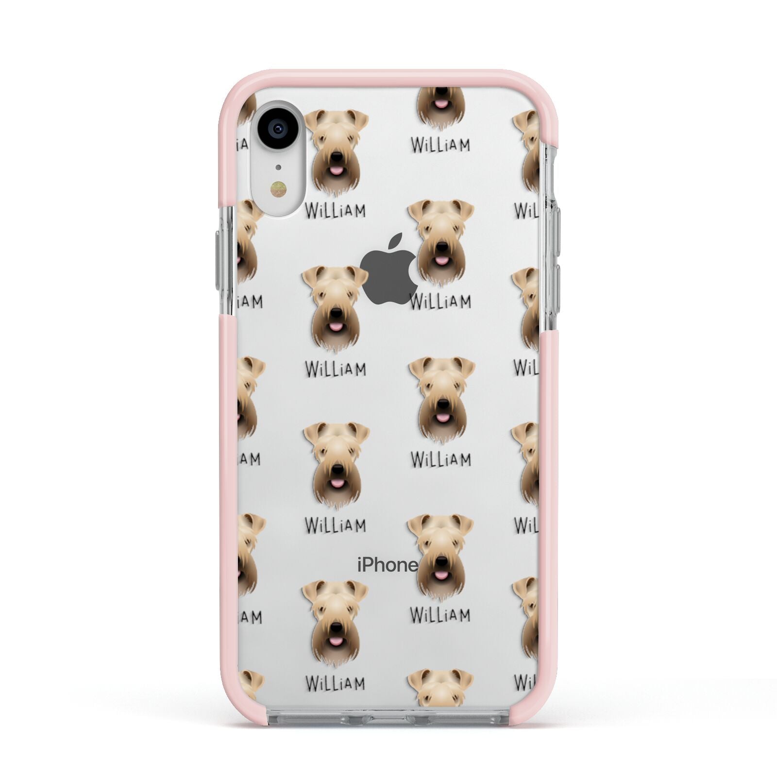 Soft Coated Wheaten Terrier Icon with Name Apple iPhone XR Impact Case Pink Edge on Silver Phone