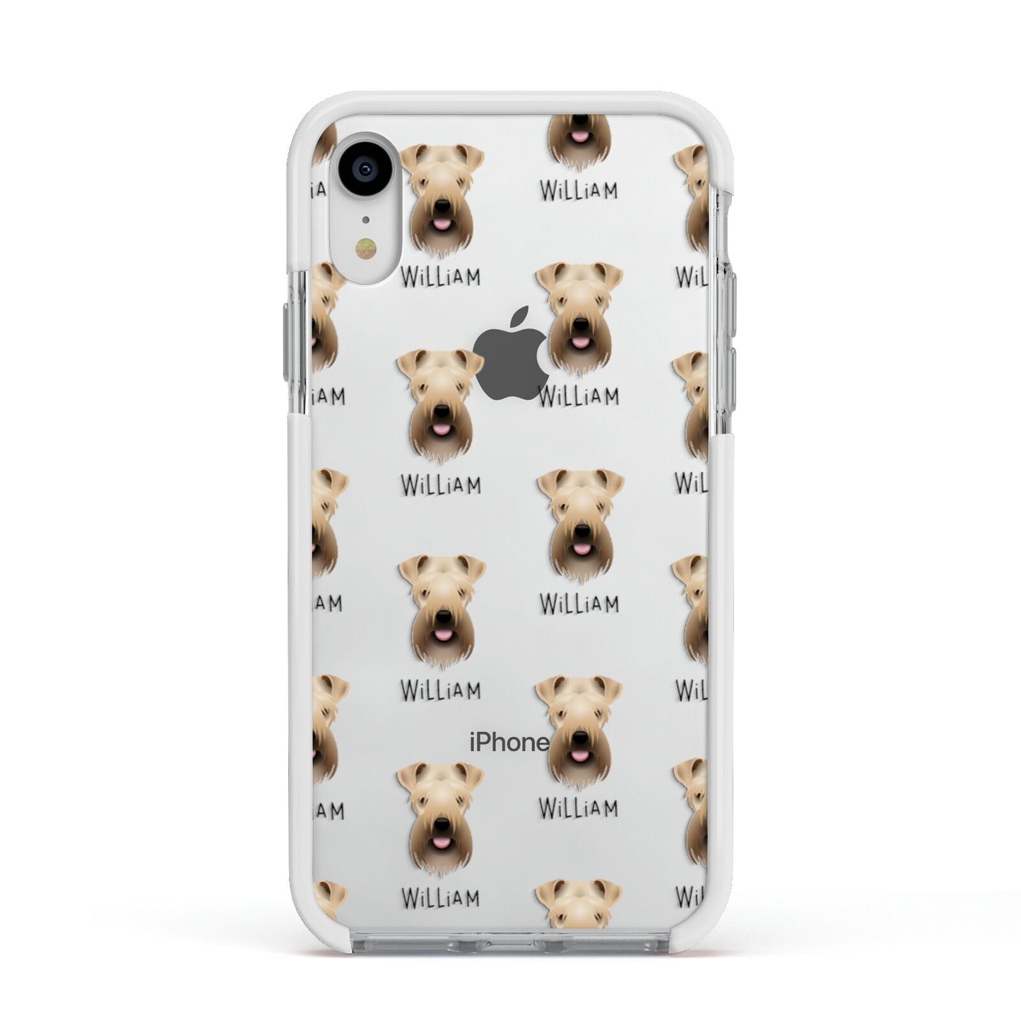 Soft Coated Wheaten Terrier Icon with Name Apple iPhone XR Impact Case White Edge on Silver Phone