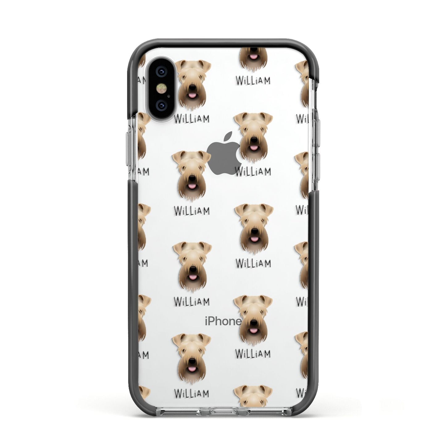 Soft Coated Wheaten Terrier Icon with Name Apple iPhone Xs Impact Case Black Edge on Silver Phone