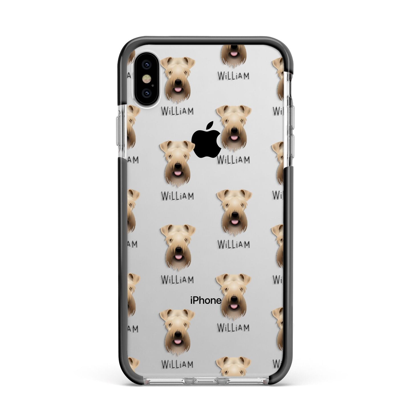 Soft Coated Wheaten Terrier Icon with Name Apple iPhone Xs Max Impact Case Black Edge on Silver Phone