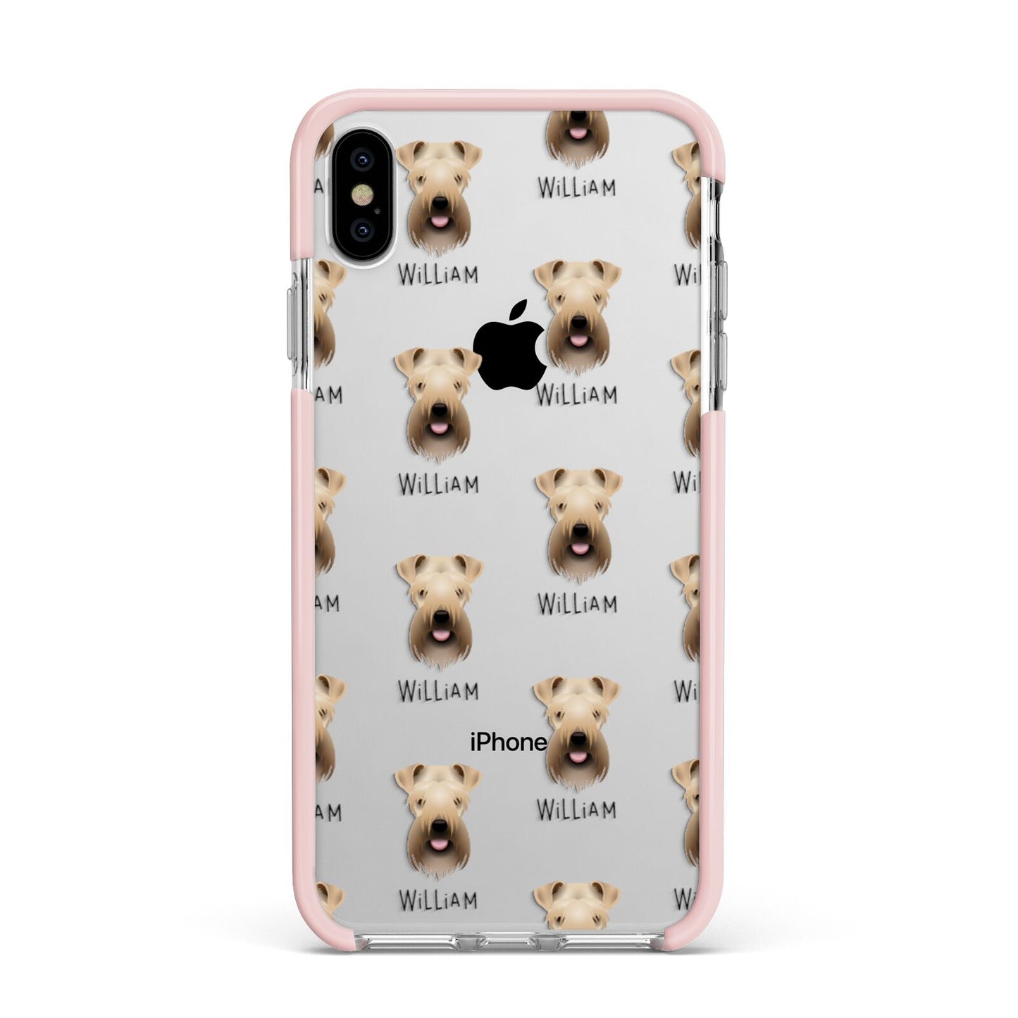 Soft Coated Wheaten Terrier Icon with Name Apple iPhone Xs Max Impact Case Pink Edge on Silver Phone