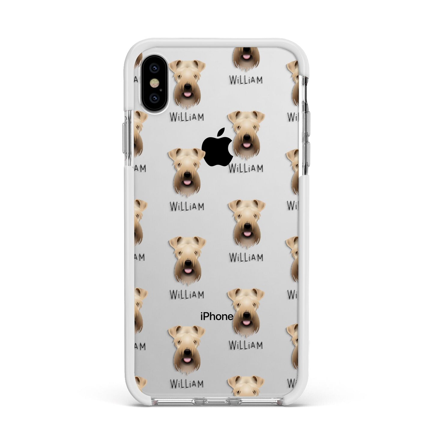 Soft Coated Wheaten Terrier Icon with Name Apple iPhone Xs Max Impact Case White Edge on Silver Phone