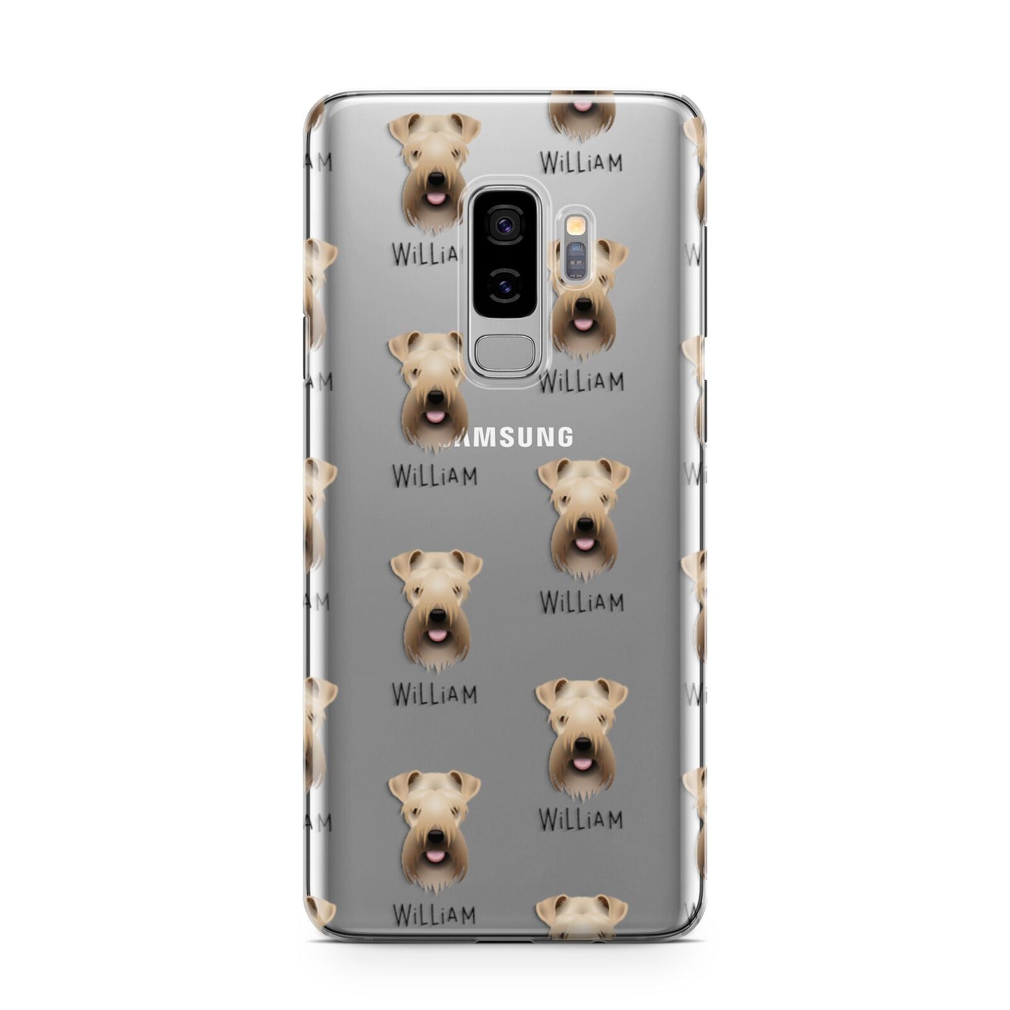 Soft Coated Wheaten Terrier Icon with Name Samsung Galaxy S9 Plus Case on Silver phone
