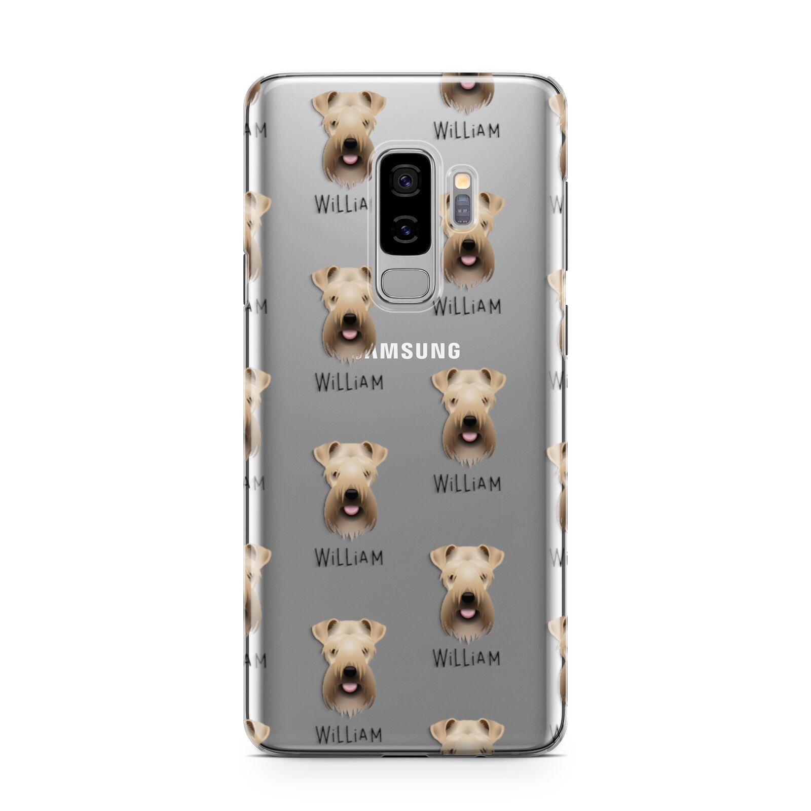 Soft Coated Wheaten Terrier Icon with Name Samsung Galaxy S9 Plus Case on Silver phone