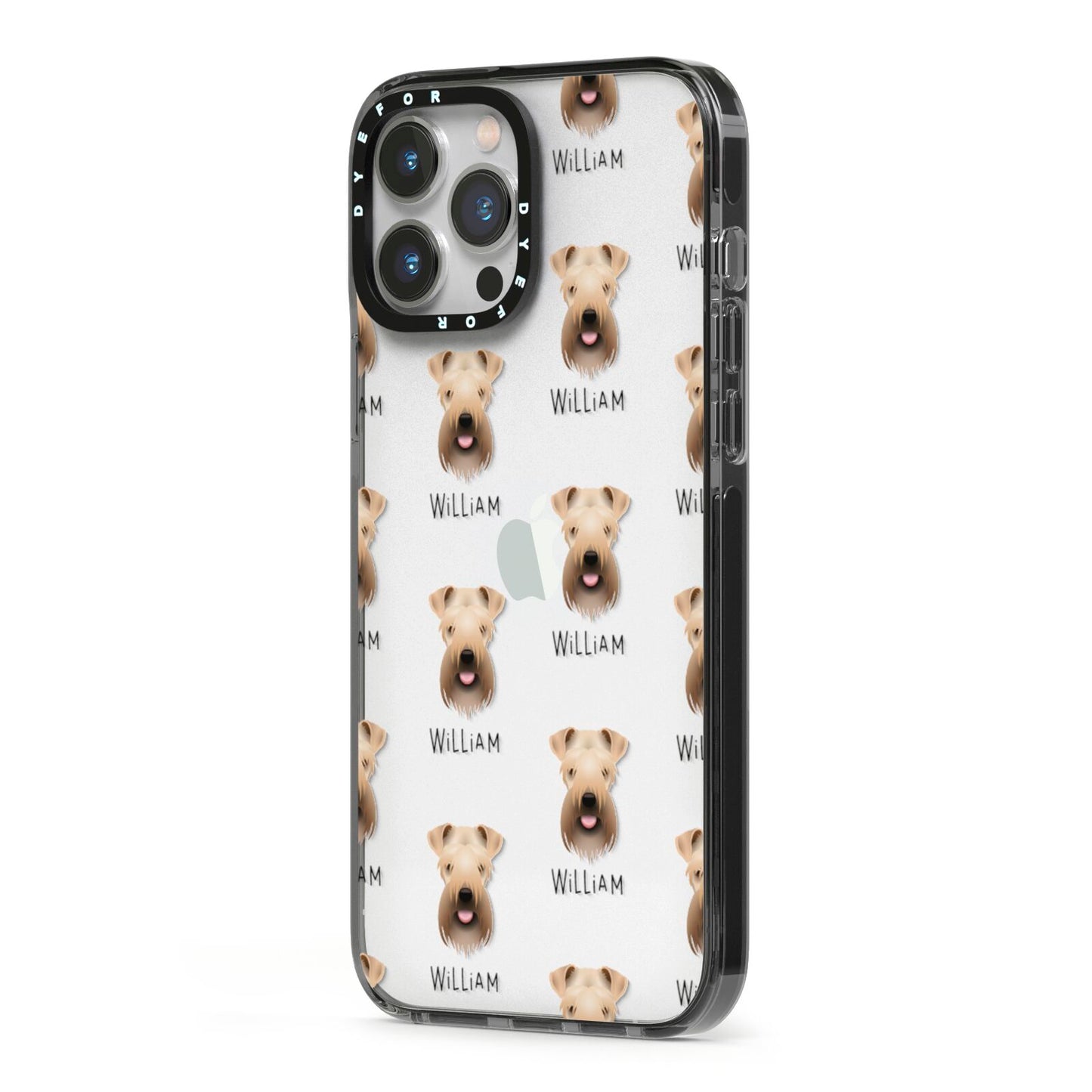 Soft Coated Wheaten Terrier Icon with Name iPhone 13 Pro Max Black Impact Case Side Angle on Silver phone