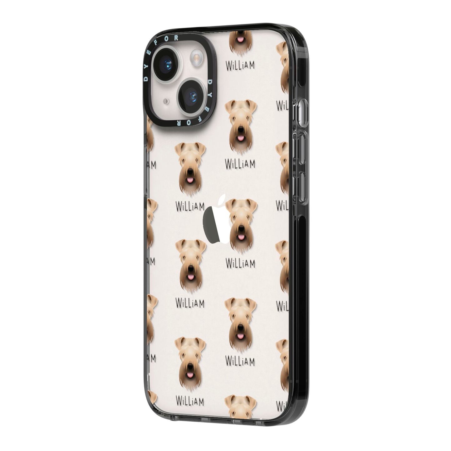 Soft Coated Wheaten Terrier Icon with Name iPhone 14 Black Impact Case Side Angle on Silver phone