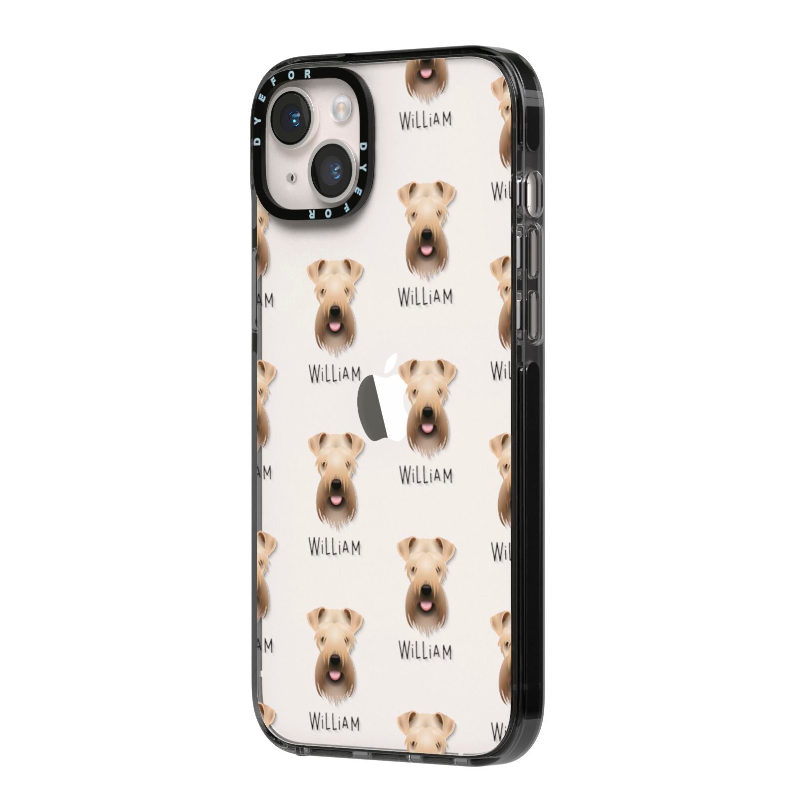 Soft Coated Wheaten Terrier Icon with Name iPhone 14 Plus Black Impact Case Side Angle on Silver phone