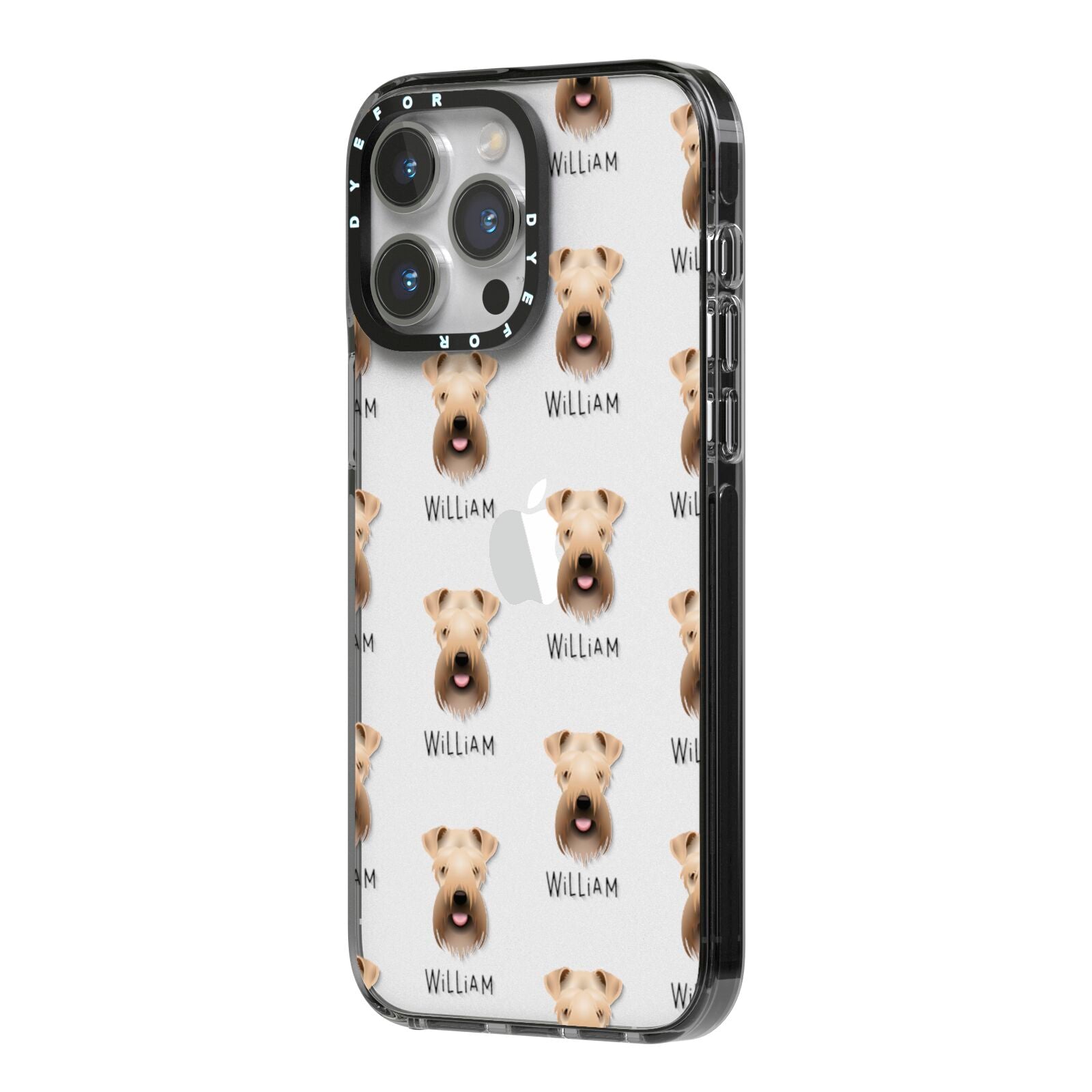 Soft Coated Wheaten Terrier Icon with Name iPhone 14 Pro Max Black Impact Case Side Angle on Silver phone