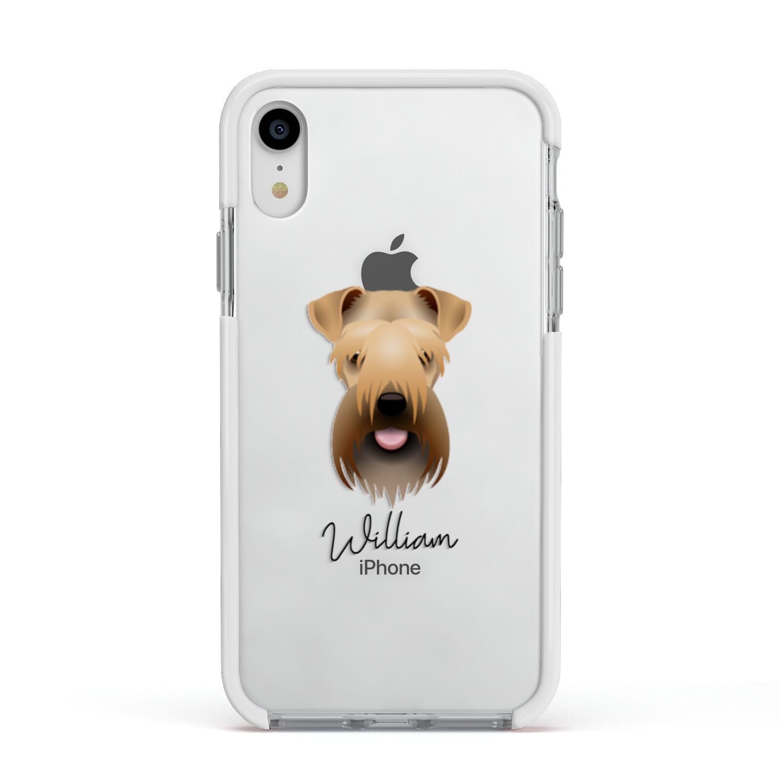 Soft Coated Wheaten Terrier Personalised Apple iPhone XR Impact Case White Edge on Silver Phone