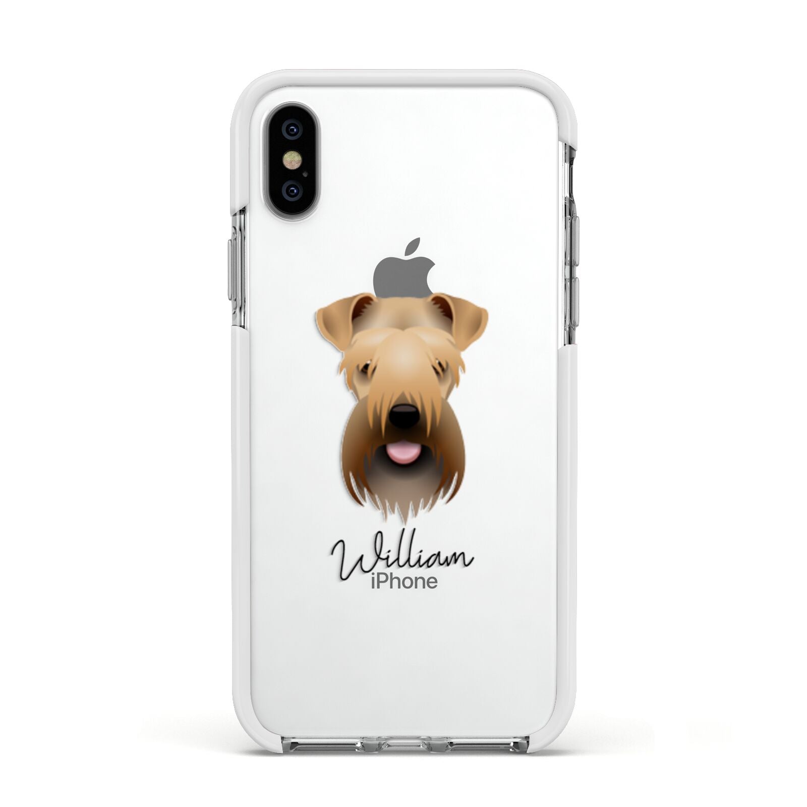 Soft Coated Wheaten Terrier Personalised Apple iPhone Xs Impact Case White Edge on Silver Phone