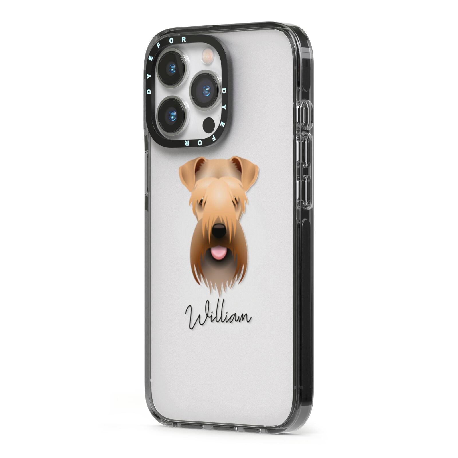 Soft Coated Wheaten Terrier Personalised iPhone 13 Pro Black Impact Case Side Angle on Silver phone