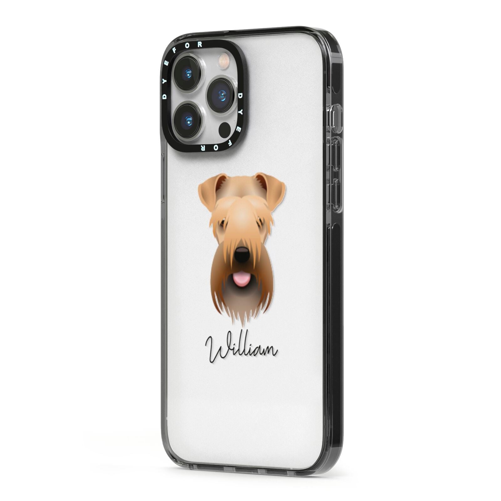 Soft Coated Wheaten Terrier Personalised iPhone 13 Pro Max Black Impact Case Side Angle on Silver phone