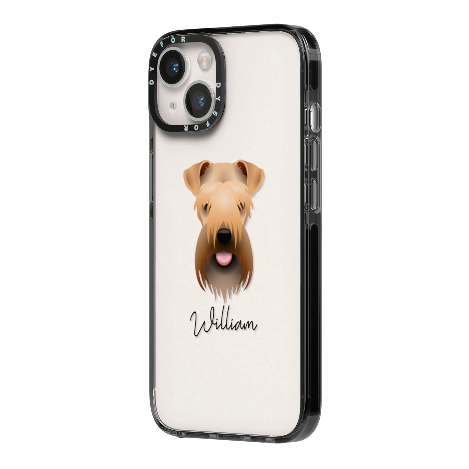 Soft Coated Wheaten Terrier Personalised iPhone 14 Black Impact Case Side Angle on Silver phone