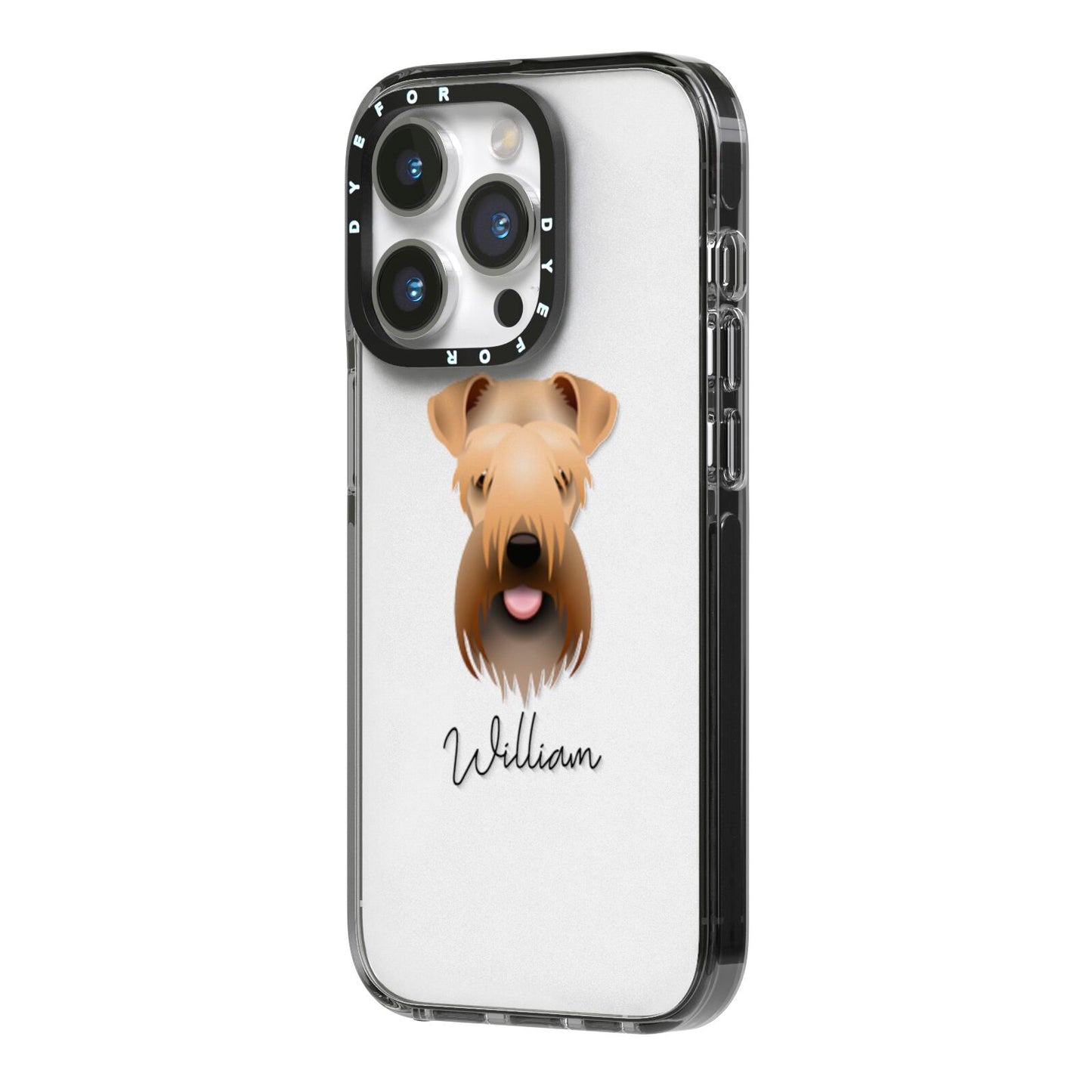 Soft Coated Wheaten Terrier Personalised iPhone 14 Pro Black Impact Case Side Angle on Silver phone