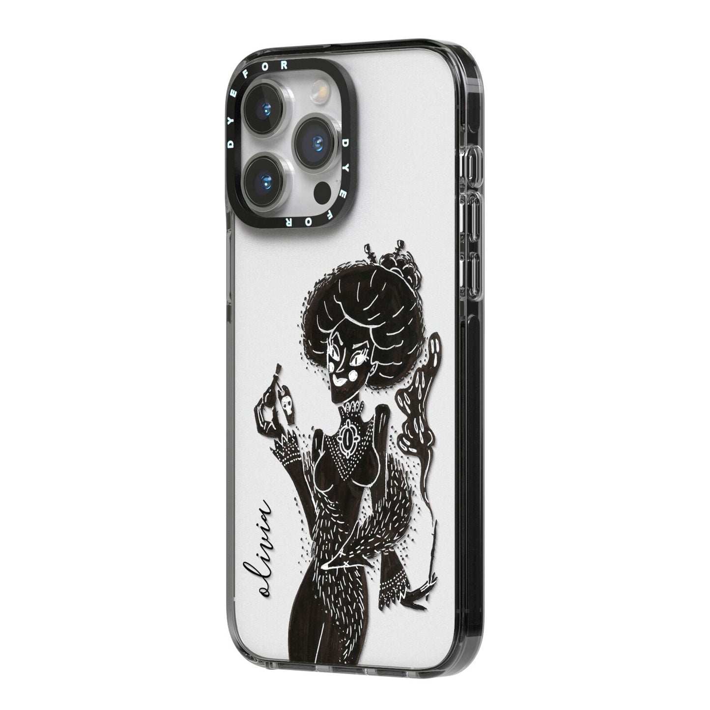 Sophisticated Witch Personalised iPhone 14 Pro Max Black Impact Case Side Angle on Silver phone