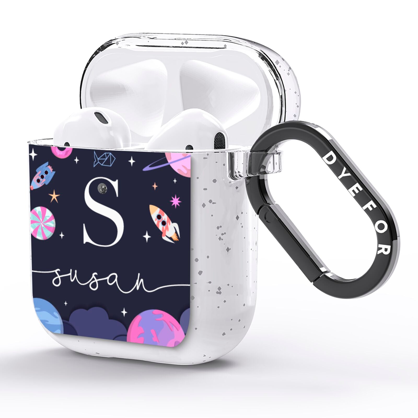 Space Personalised Initial Name AirPods Glitter Case Side Image