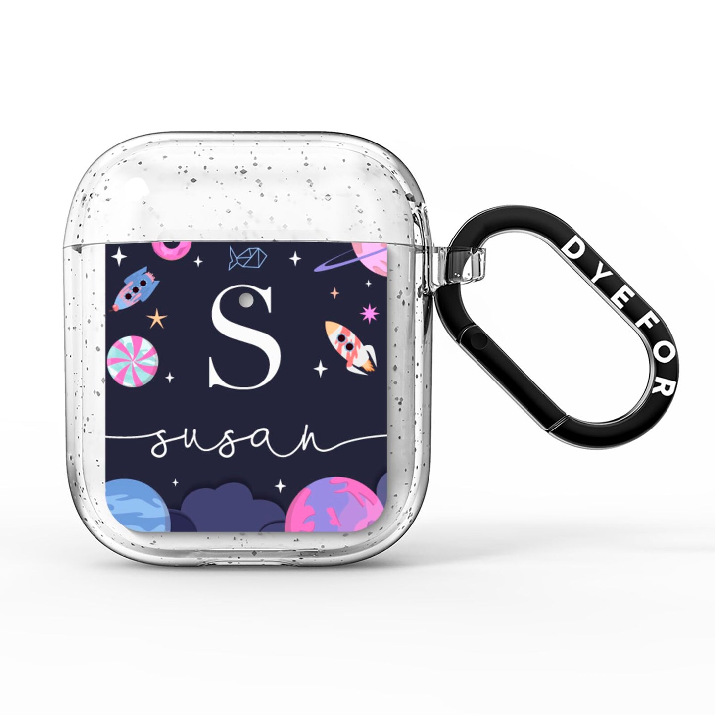 Space Personalised Initial Name AirPods Glitter Case