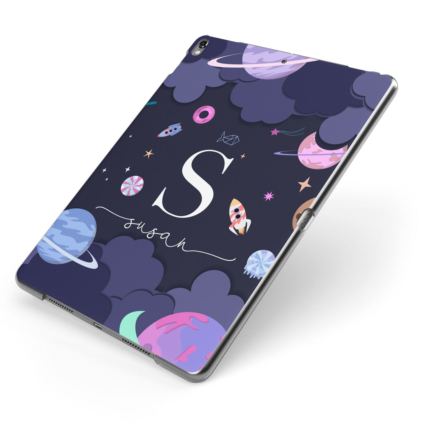 Space Personalised Initial Name Apple iPad Case on Grey iPad Side View