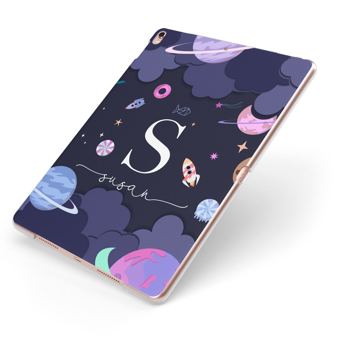 Space Personalised Initial Name Apple iPad Case on Rose Gold iPad Side View