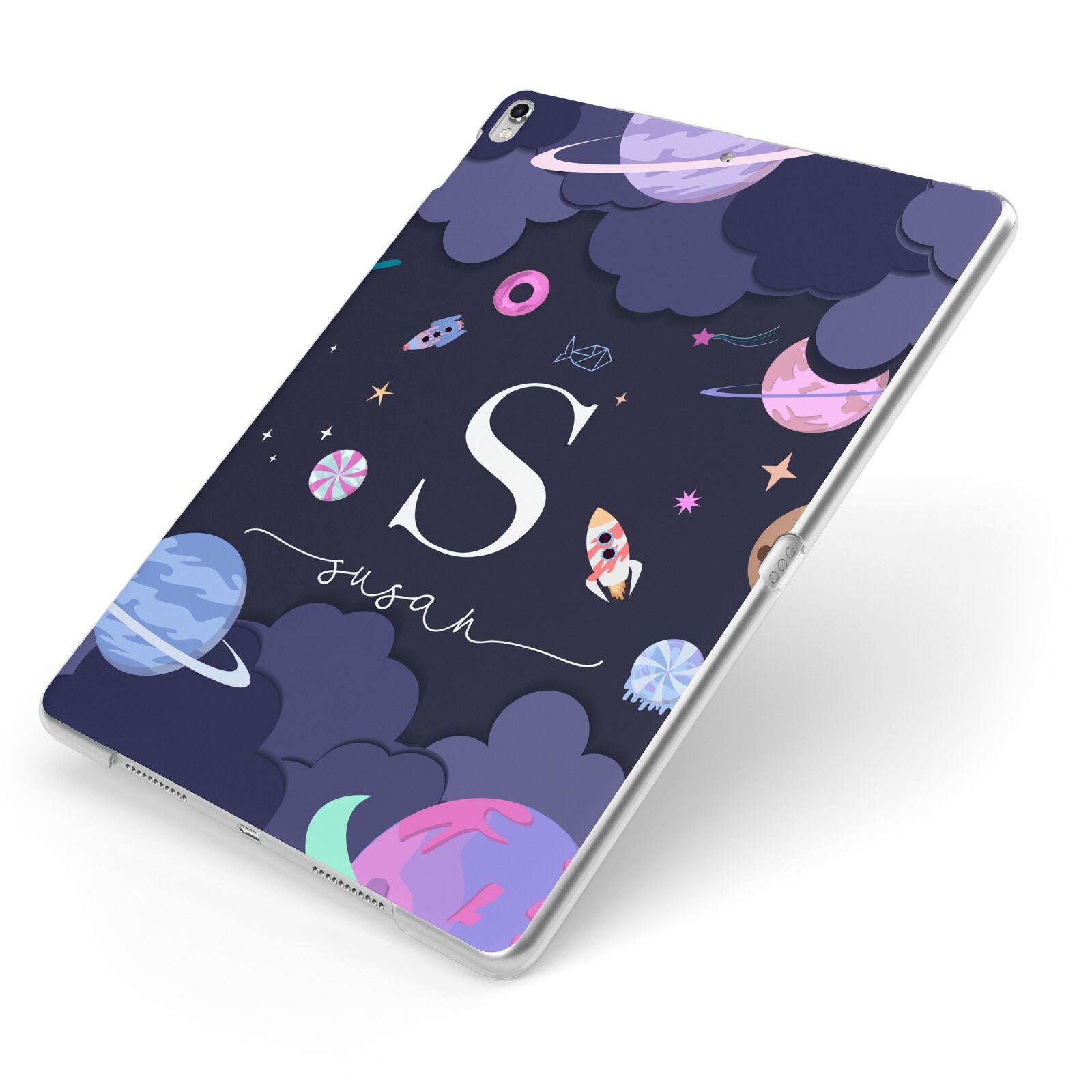 Space Personalised Initial Name Apple iPad Case on Silver iPad Side View