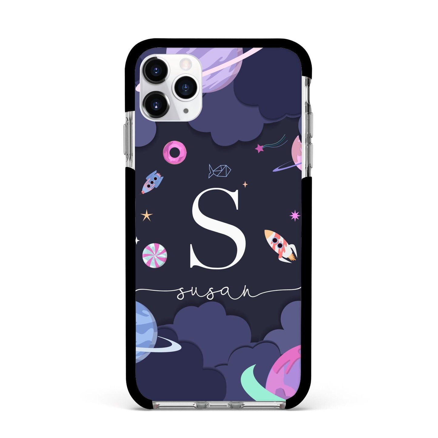 Space Personalised Initial Name Apple iPhone 11 Pro Max in Silver with Black Impact Case