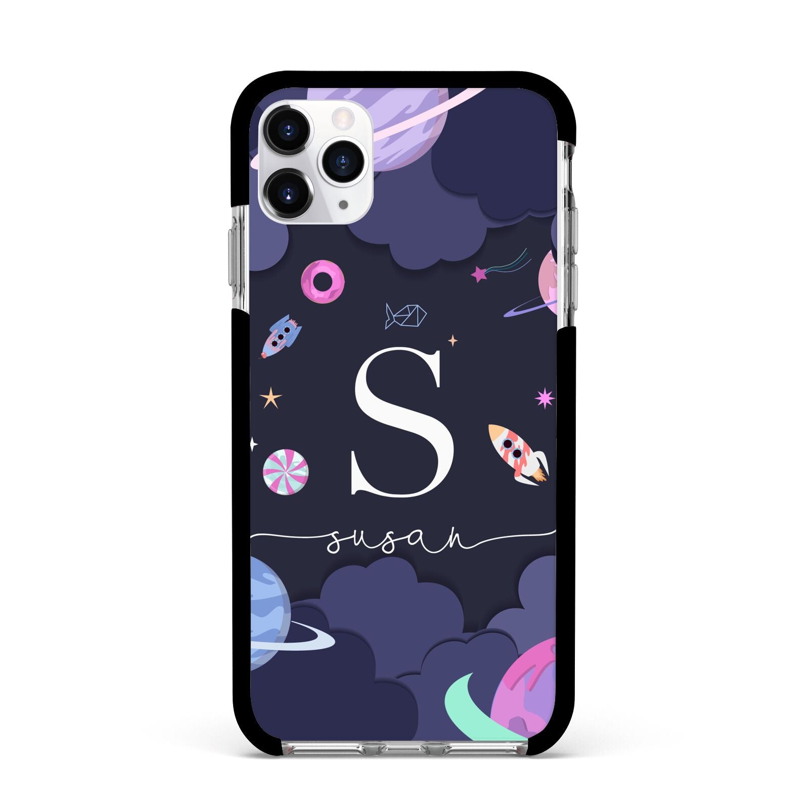 Space Personalised Initial Name Apple iPhone 11 Pro Max in Silver with Black Impact Case