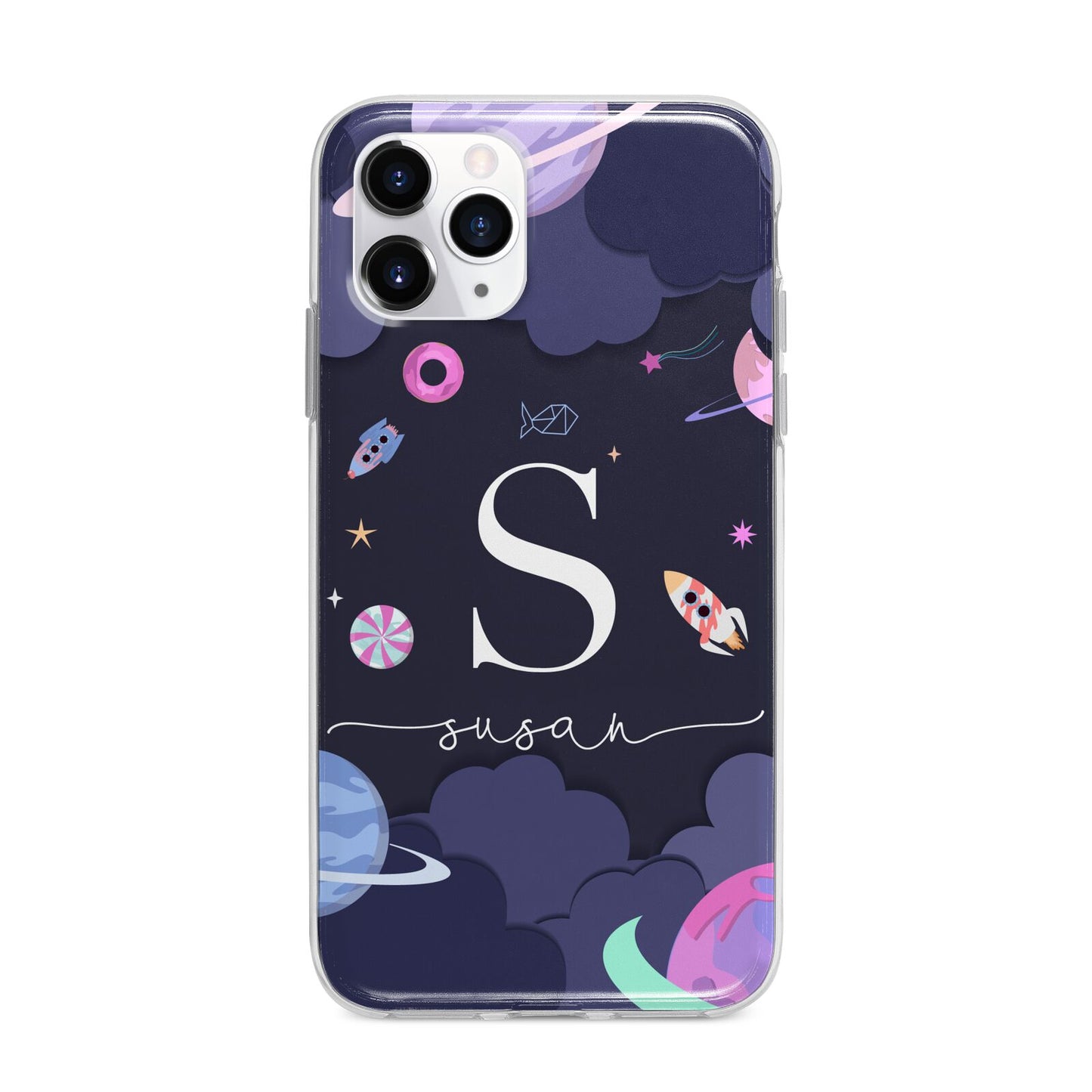 Space Personalised Initial Name Apple iPhone 11 Pro in Silver with Bumper Case