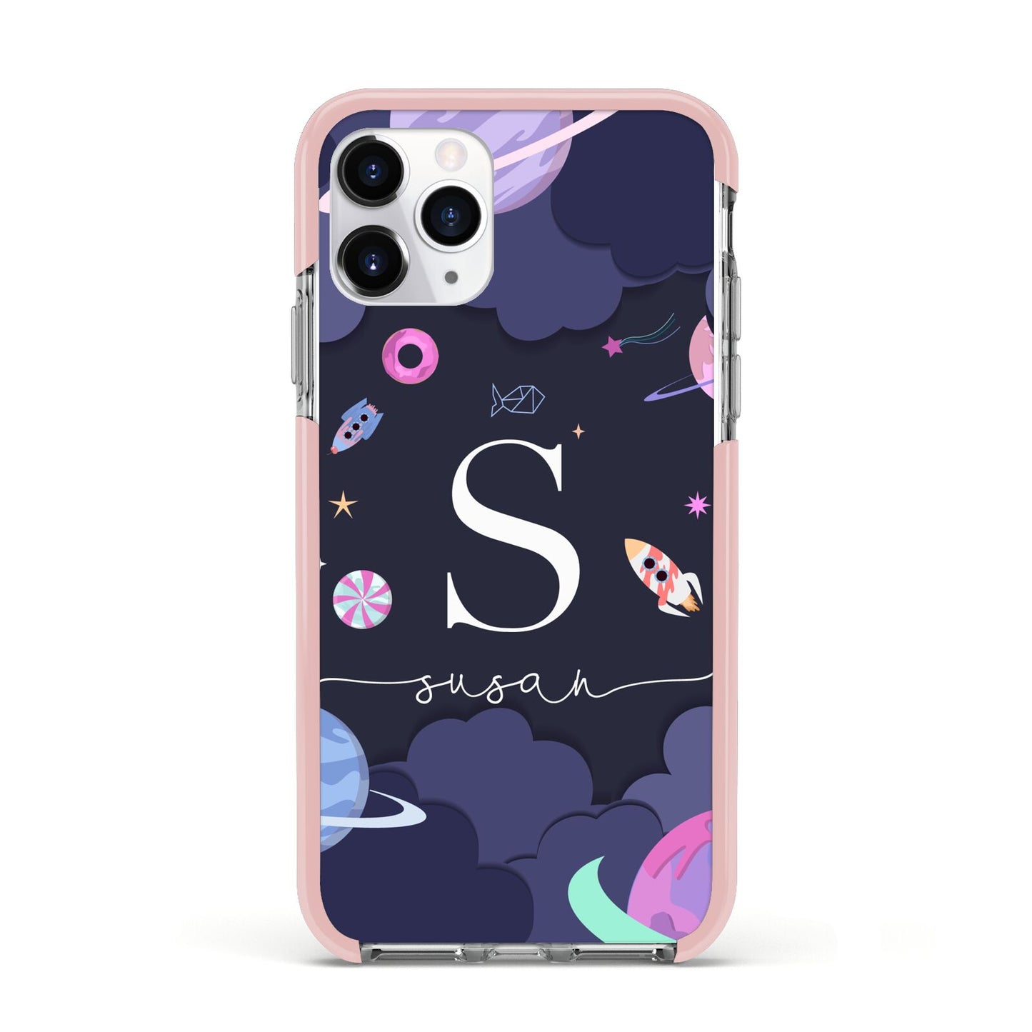 Space Personalised Initial Name Apple iPhone 11 Pro in Silver with Pink Impact Case