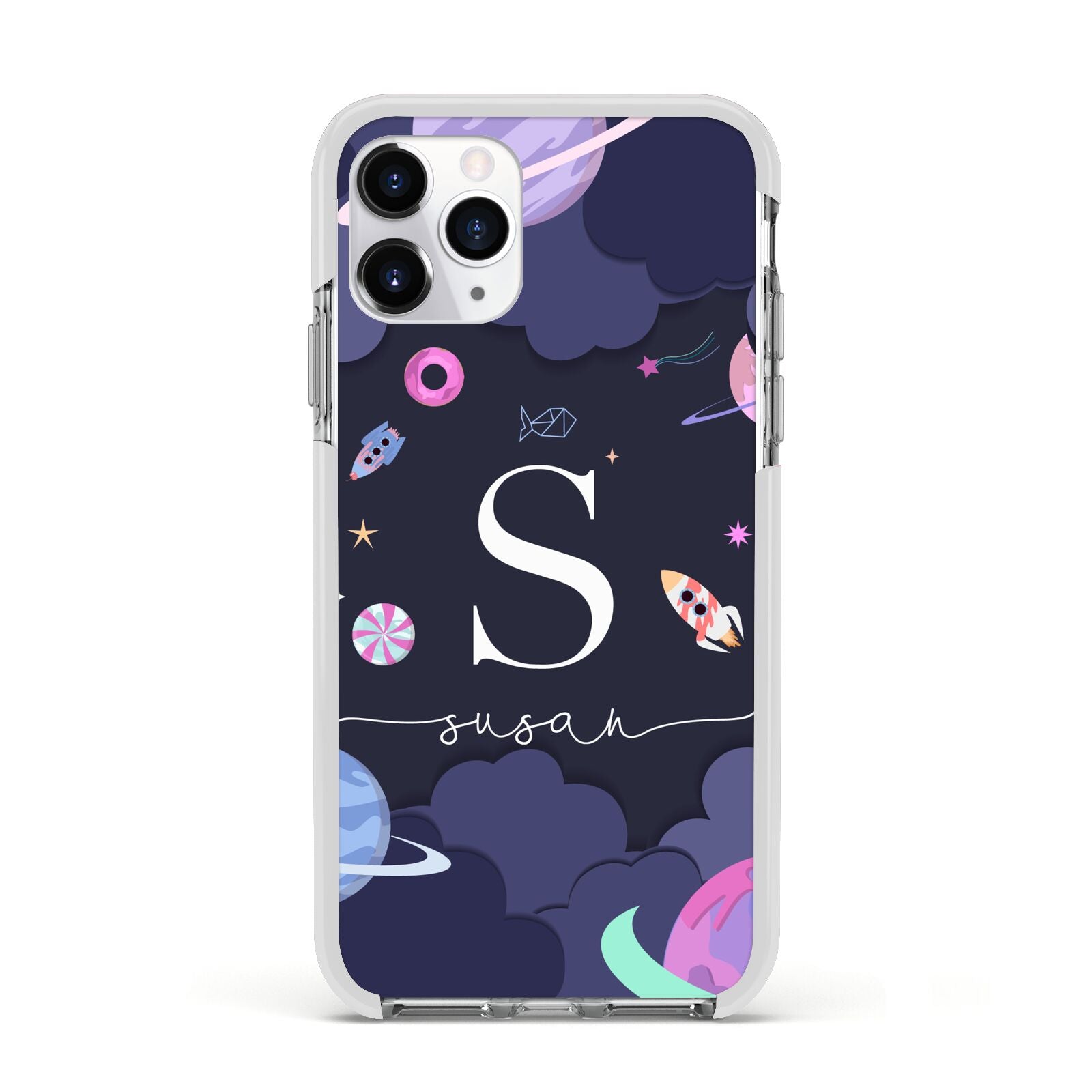 Space Personalised Initial Name Apple iPhone 11 Pro in Silver with White Impact Case