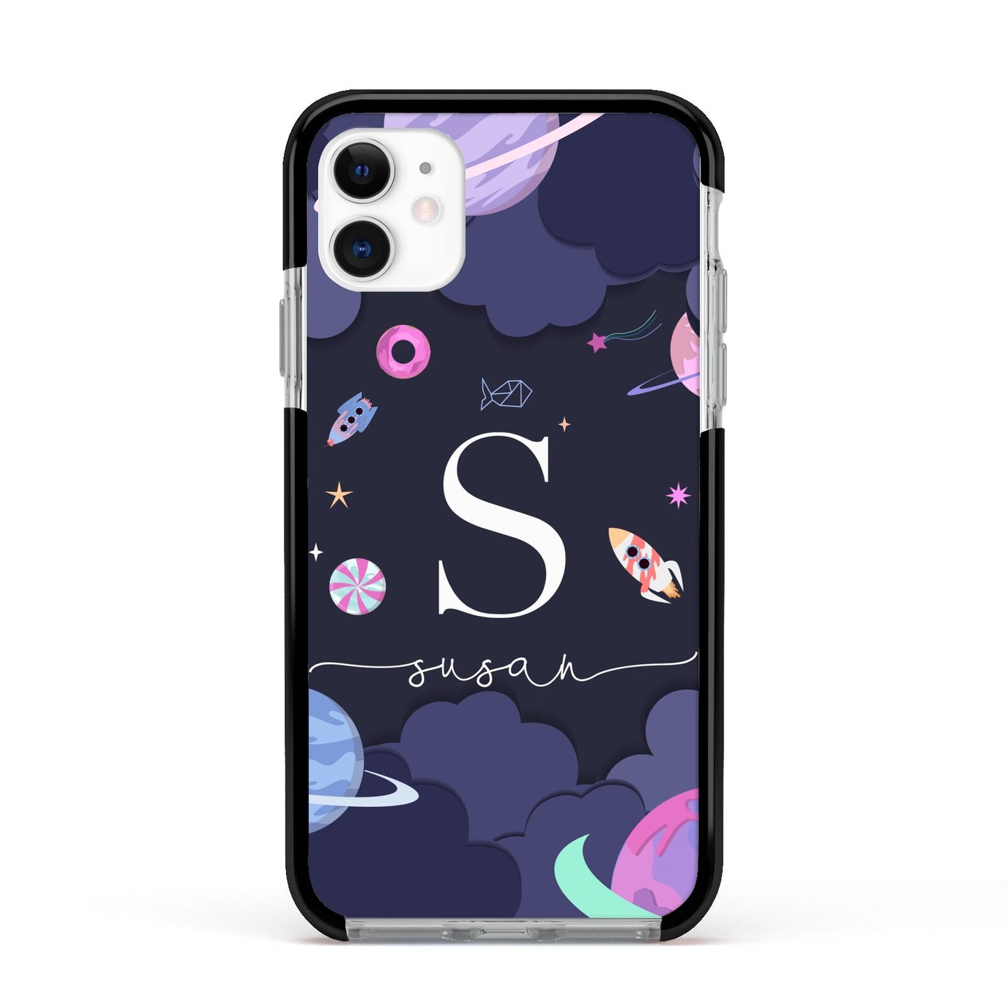 Space Personalised Initial Name Apple iPhone 11 in White with Black Impact Case