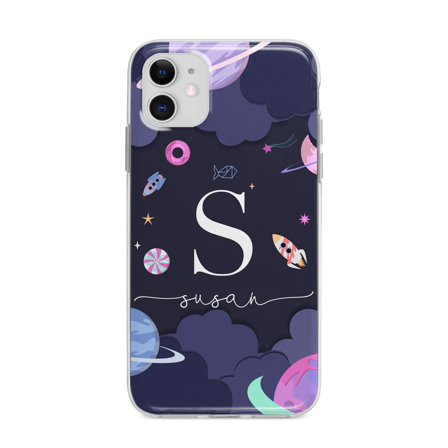 Space Personalised Initial Name Apple iPhone 11 in White with Bumper Case