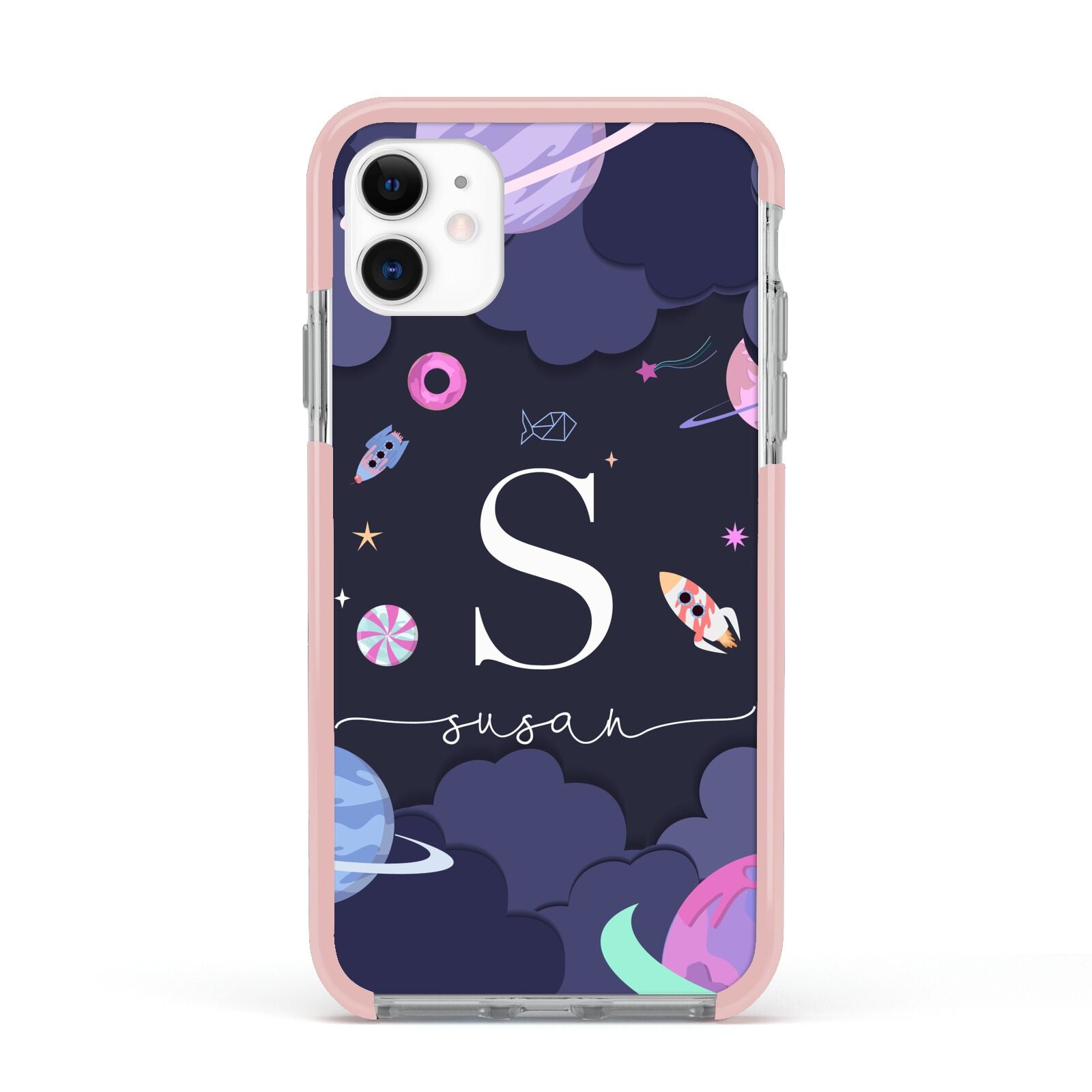 Space Personalised Initial Name Apple iPhone 11 in White with Pink Impact Case