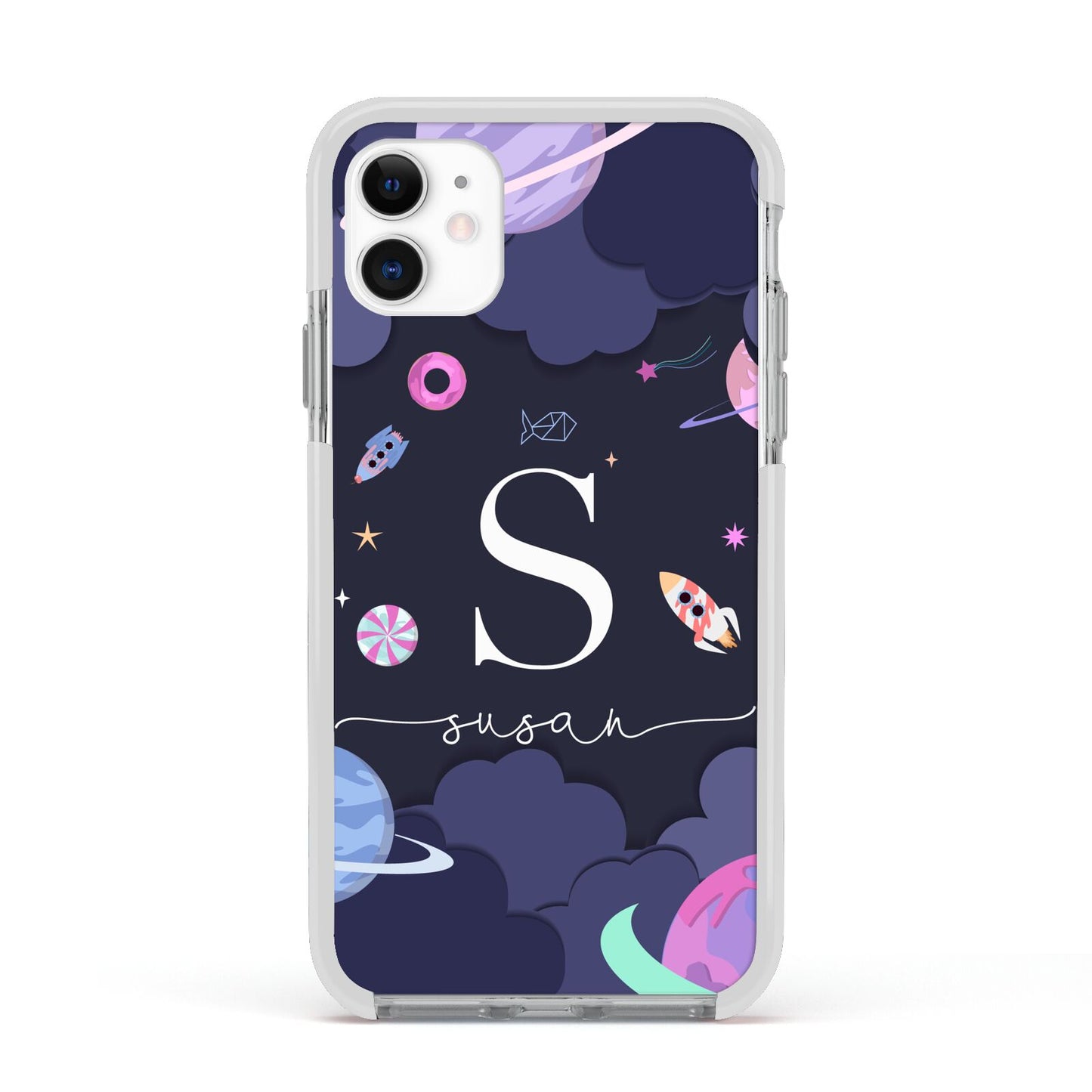 Space Personalised Initial Name Apple iPhone 11 in White with White Impact Case