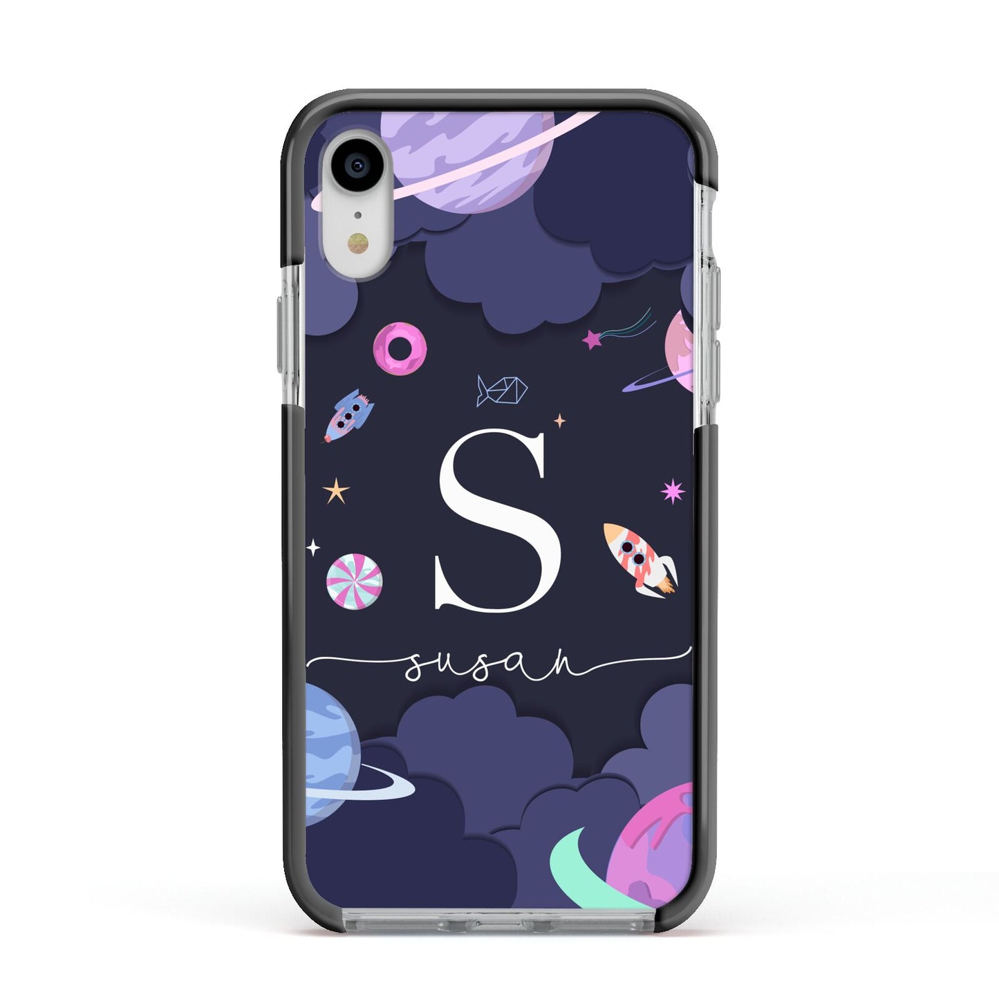 Space Personalised Initial Name Apple iPhone XR Impact Case Black Edge on Silver Phone