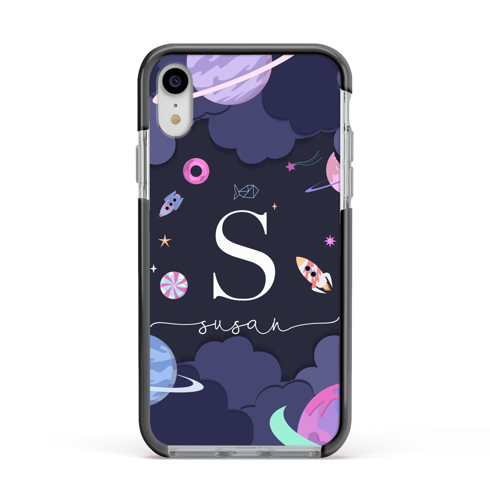Space Personalised Initial Name Apple iPhone XR Impact Case Black Edge on Silver Phone