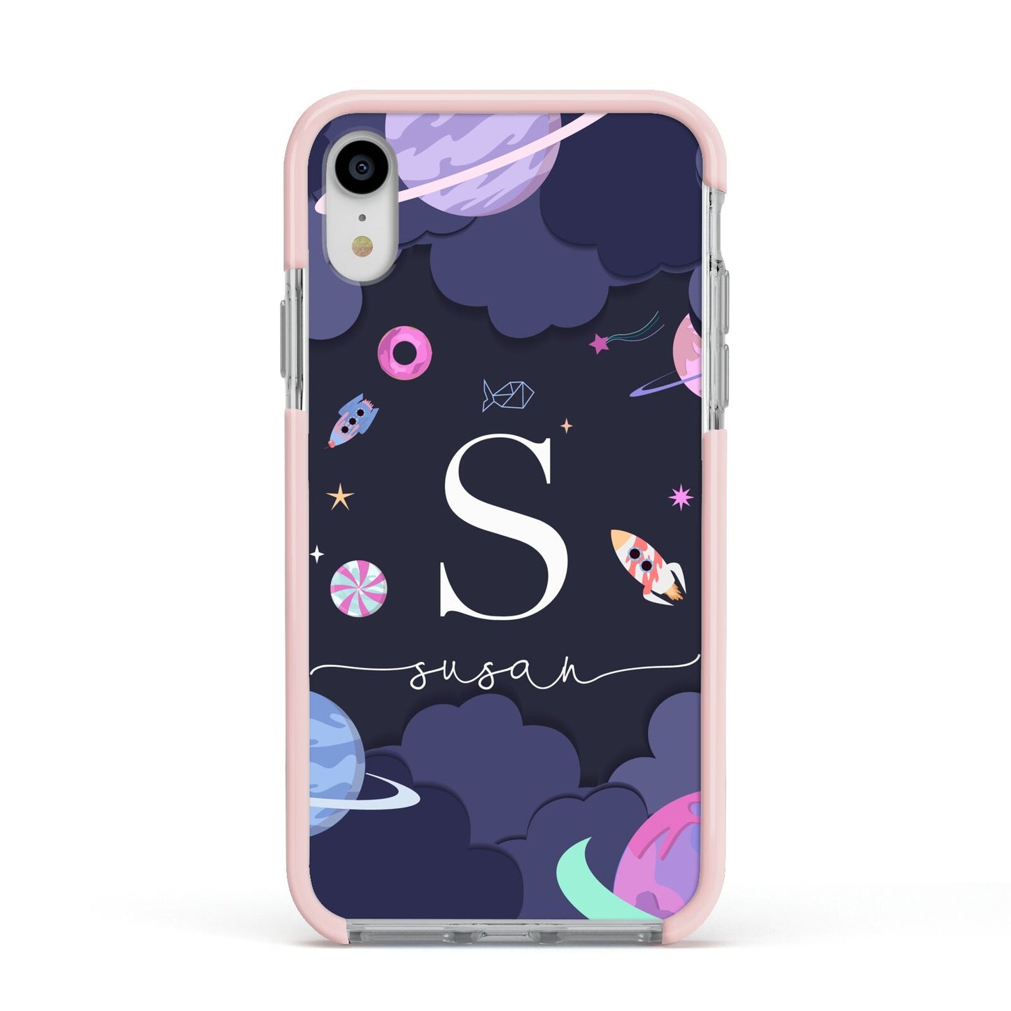 Space Personalised Initial Name Apple iPhone XR Impact Case Pink Edge on Silver Phone