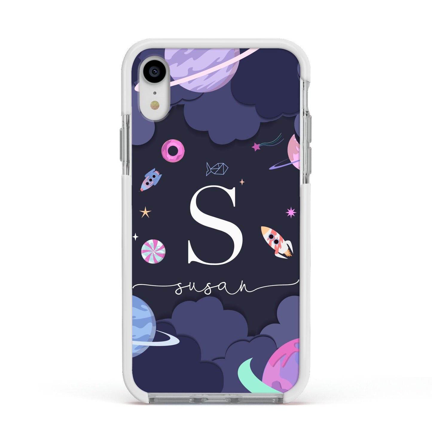Space Personalised Initial Name Apple iPhone XR Impact Case White Edge on Silver Phone