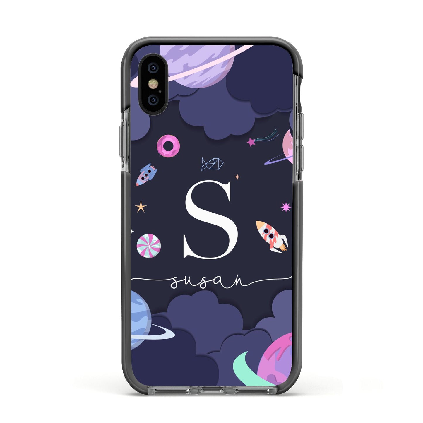 Space Personalised Initial Name Apple iPhone Xs Impact Case Black Edge on Black Phone